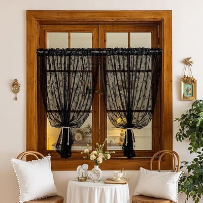 Korte Gordijnen - Bistro Gordijn Keuken - Decoratie Kamer - Met Ophangringen - 140 x 140 cm - Zwart