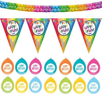 Haza Verjaardag versiering pakket Happy Birthday - ballonnen/vlaggetjes/feestslinger