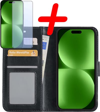Hoesje Met Screenprotector - Geschikt voor Apple iPhone 15 - Luxe Pasjeshouder - Bookcase Portemonee - Flip Case - Kunstleer Book Case - Flipcase - Book Cover - Walletcase - Portemonneehoes - Zwart