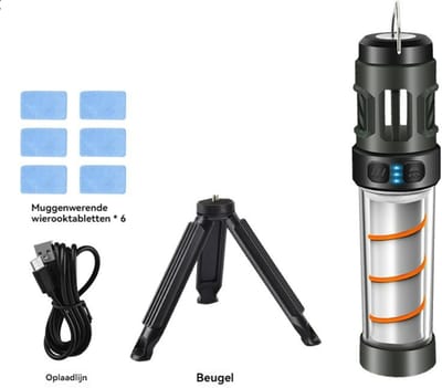 Multifunctionele Campinglamp – LED Zaklamp & Anti-muggenlamp – Oplaadbaar – IP64 Waterdicht – Voor Tent, Buiten, Noodpakket – Hangbaar – Zwart
