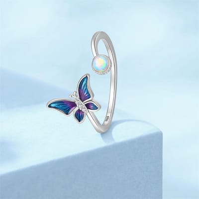Bagues Originales Cuivre Bleu Papillon Perle Plante Insecte Série Saint-Valentin Anniversaire Belle Femme Cadeau Accessoire white