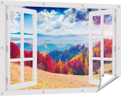 Gards Tuinposter Doorkijk Kleurrijke Herfstbos met Heuvellandschap - 120x80 cm - Tuindoek - Tuindecoratie - Wanddecoratie buiten - Tuinschilderij