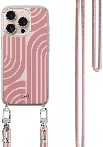 Hoesje met koord geschikt voor iPhone 16 Pro - Blush shapes - Inclusief zwart koord - Crossbody beschermhoes - Transparant, Roze - Mooie Telefoonhoesjes