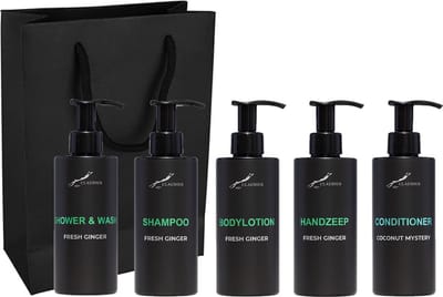 Compleet pakket Fresh Ginger - Shower & Wash + Shampoo + Bodylotion + Handzeep + Coconut conditioner - 300 ml per fles - complete set van 5 stuks - met luxe gift tas - cadeau - giftset voor hem en haar