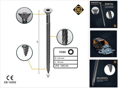 FORTE Tools universele houtschroef 3,0 x 16 mm T10 1000 stuks ( 2x 000040113856 ) zilver verzinkt Torx verzonken kop volledig schroefdraad