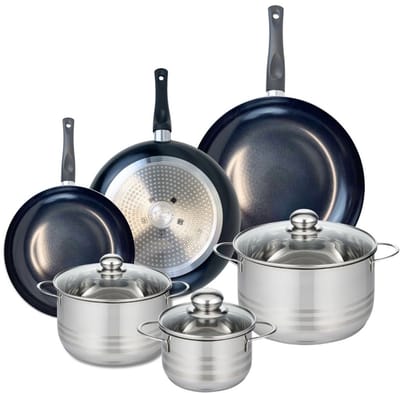 Set van 3 Koekenpannen 24, 28 en 32 cm en 3 kookpotten 16, 20 en 24 cm Elo Prima Glanzend