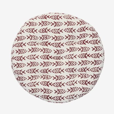 Madam Stoltz - Rond Stoelkussen - 100% katoen, 45 cm - Wit met rode vissen