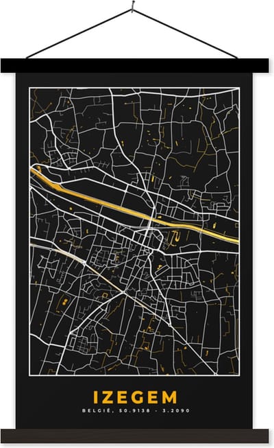 Posterhanger incl. Poster 40x60 cm - Schoolplaat - Plattegrond - Stadskaart - Izegem - Goud - Kaart - Textielposter - Zwarte latten - Stadskaart