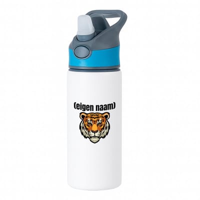 Hacebo® - tijgerkop met eigen naam waterfles met rietje blauw - Tijger - dieren liefhebber - iemand die houdt van tijgers - verjaardag - cadeau - kado - geschenk - water fles - 650ML
