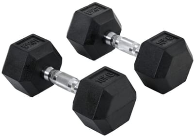 Zeshoekige dumbbells set 2 stuks 2x10kg, gietijzer met rubberlaag zwart