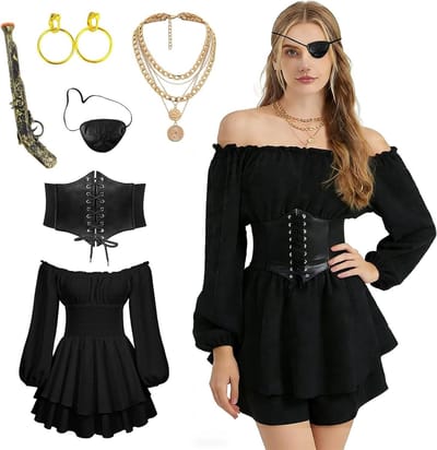 Vrouwelijk Piratenkostuum met Witte Middeleeuwse Blouse, Corsetriem en Accessoires voor Halloween en Carnavalsoptredens