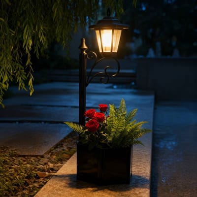 1 stuk Solar Buiten Vloerlampen met Plantenbak - IP44 Warm Wit Licht, Schakelt Automatisch In Zonder Bedrading Eenvoudige Installatie LED Plantenbakken voor Gazon, Terras, Voor-/Achterdeur Decoratie