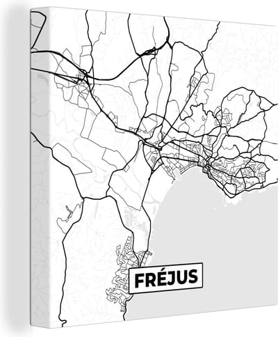 Canvas Schilderij Stadskaart - Fréjus- Frankrijk - Kaart - Plattegrond - Zwart wit - 20x20 cm - Wanddecoratie