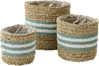 J-Line bloempot Gestreept - zeegras - naturel/turkoois - set van 3