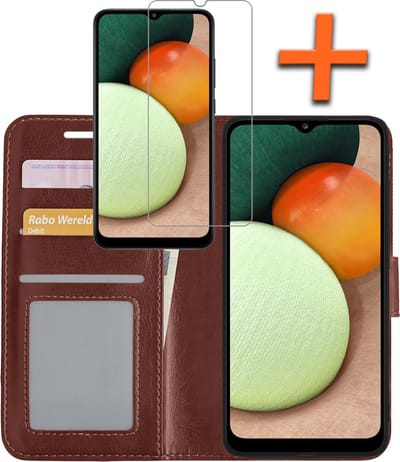 Hoes - Met Screenprotector - Geschikt voor Samsung Galaxy A02s - Luxe Pasjeshouder - Bookcase Portemonee - Flip Case - Kunstleer Book Case - Flipcase - Book Cover - Walletcase - PortemonneeHoes - Bruin