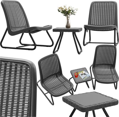 tectake® Tuinmeubelset voor 2 personen - Buitenmeubels - Weerbestendig - Balkon Set - Tuinset - Loungeset - Terrasmeubilair - Zitgroep met 2x loungestoelen en 1x tuintafel - bijzettafel - rotan look - grijs