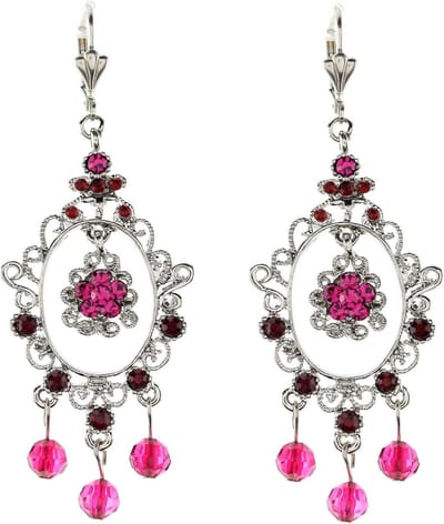 Behave - Vintage oorbellen zilverkleur met ovalen hanger, roze en rode steentjes - Nikkelvrij