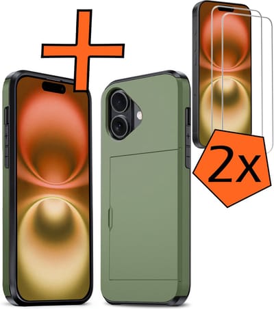 Hoesje Geschikt voor iPhone 16 Hoesje Pasjeshouder Shockproof Hard Case Met 2x Screenprotector - Hoesje Geschikt voor iPhone 16 Hoes Met Kaarthouder - Donkergroen