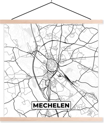 Posterhanger incl. Poster 40x40 cm - Schoolplaat - België – Mechelen – Stadskaart – Kaart – Zwart Wit – Plattegrond - Textielposter - Blanke latten - Stadskaart