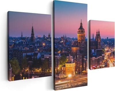 Artaza Canvas Schilderij Drieluik Amsterdam Skyline Bij Zonsondergang  - 90x60 - Foto Op Canvas - Canvas Print