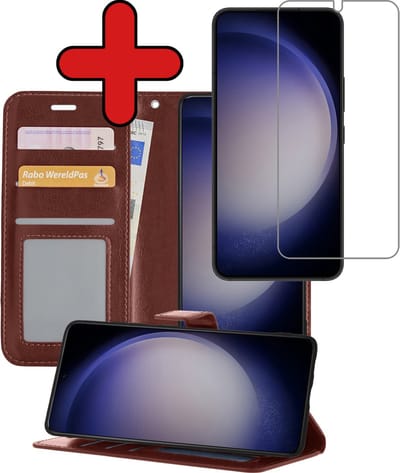 Hoesje - Met Screenprotector - Geschikt voor Samsung Galaxy S23 - Luxe Pasjeshouder - Flipcase - Bookcase Portemonee - Flip Case - Kunstleer Book Case - Book Cover - Walletcase - Portemonneehoes - Telefoonhoes - Bruin