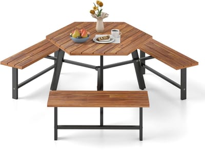 COSTWAY Picknicktafelset voor 6 personen, tuintafel van acaciahout met parasolgat en 3 banken, terrasmeubels, tuinmeubelen, zitgroep, zitgroep voor tuin, terras