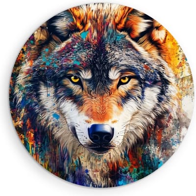 Saammp Muurcirkel Hout - Kleurrijke Wolf - Abstract - Dieren - Natuur - Ø 90 - Wandcirkel - Wanddecoratie Cirkel - muurdecoratie Woonkamer - Slaapkamer decoratie - Rond Schilderij