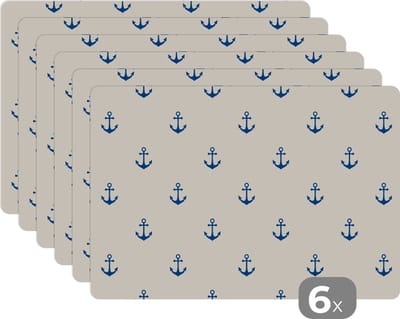 Placemat - Placemats kunststof - Matroos - Anker - Strand - Patroon - 45x30 cm - 6 stuks - Hittebestendig - Anti-Slip - Onderlegger - Afneembaar