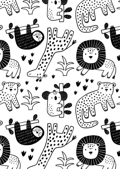 Poster Jungledieren zwart-wit – A4-formaat – Kinderkamerdecoratie met giraffe, leeuw, koala – 300 grams glanzend papier