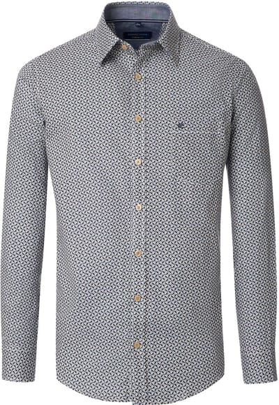 CASA MODA Sport comfort fit overhemd - twill - wit met blauw en beige dessin - Strijkvriendelijk - Boordmaat: 45 - 46