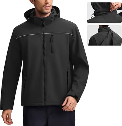 BUBW® Windjack - Heren Outdoorjas - Softshell Jas 4 Seizoenen - Lichtgewicht - Outdoor Herenjas - Waterdicht & Ademend - Maat M - Rits Zakken - Warme Fleece Gevoerd - Met Capuchon - Zwart