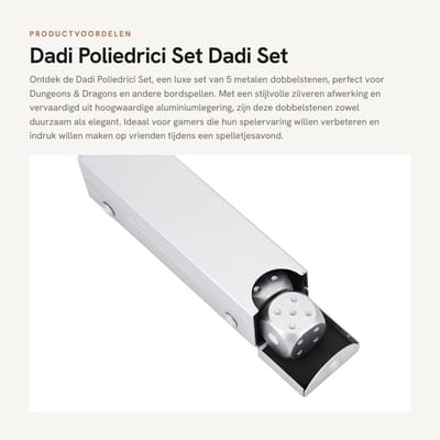 Dailygoods- Dadi Dobbelstenen Set - Aluminiumlegering - 5 Stuks - DND - Elegant en Duurzaam - Rechthoekige Doos 8,3 x 2,1 x 2,3 cm