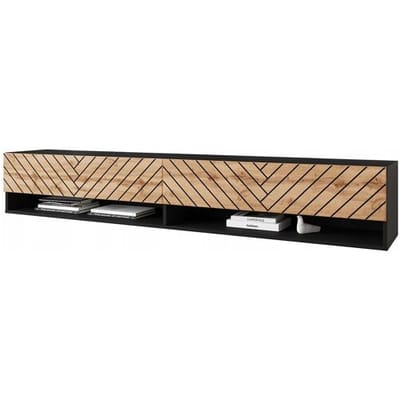 Moderne TV-kast 180 cm – corpus zwart mat, fronten MDF zwart wotan in visgraat, greeploos, staand of hangend