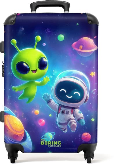 NoBoringSuitcases.com - Grote koffer - Alien en astronaut in de ruimte - Kinderkoffer geschikt voor jongen en meisjes - Reiskoffer met 4 wielen - Trolley op wieltjes - Rolkoffer groot kinderen - 72 liter - Ruimbagage valies 20kg