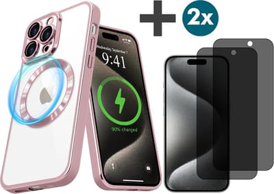 Hoesje met Privacy Screenprotectors 2 Stuks Geschikt voor iphone 15 Pro Max Hoesje - Geschikt voor MagSafe - Arara siliconen Backcover - Rosegoud