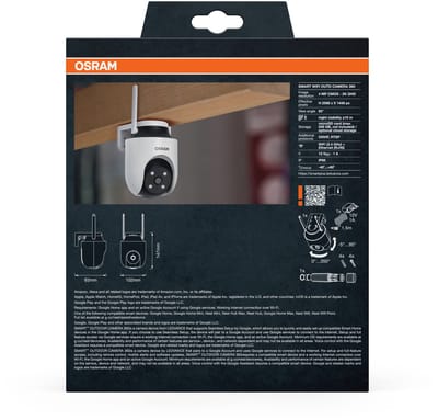 OSRAM SMART+ WiFi buitencamera 360° 4MP 2K IP65, pan-tilt, nachtzicht 10m, Alexa-compatibel, buiten, wit