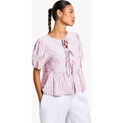 boohoo Dames Roze en groene gestreepte top met strikdetail aan de voorkant en pofmouwen smocktop | Pink | Maat: 10