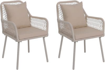 Set van 2 tuinstoelen MCW-O12, outdoor zit-/rugkussens aluminium touwvlechtwerk ~ crème, bekleding crème