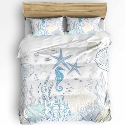 Blauw Marine Koraal Schelpen Zeester Dekbedovertrek met Kussensloop Aangepaste 3-delige Beddengoedset Dekbedovertrek Tweepersoonsbed Huistextiel EU single(135x200cm)