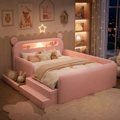 Kinderbed 140x200 cm - Tweepersoonsbed - Gestoffeerd bed - Multifunctioneel bed - Vloerbed - Met opbergvak - Met nachtlampje - Met USB-oplaadpoort - Veilig en comfortabel - Roze