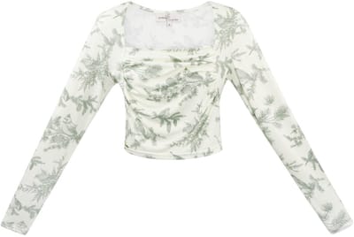 Elegante Crop Top met Lange Mouwen en Bloemenprint - Groen - Maat M