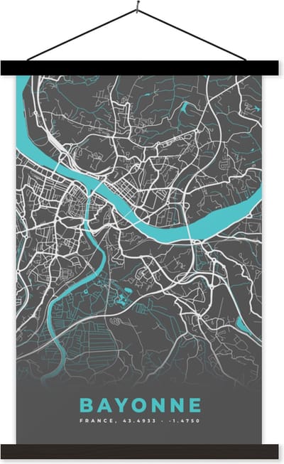 Posterhanger incl. Poster 40x60 cm - Schoolplaat - Bayonne - Plattegrond - Kaart - Stadskaart - Frankrijk - Textielposter - Zwarte latten - Stadskaart