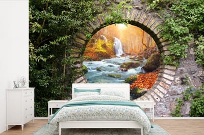 Behang - Fotobehang Herfst - Waterval - Natuur - Doorkijk - Breedte 525 cm x hoogte 350 cm