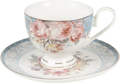 Clayre & Eef Kop en Schotel 200 ml Wit Blauw Porselein Bloemen
