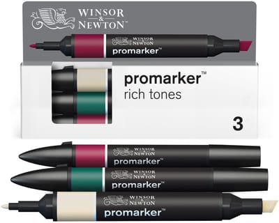Winsor & Newton 0290191 Promarker Set 3 stuks – Rich Tones – Alcoholmarkers met dubbele punt