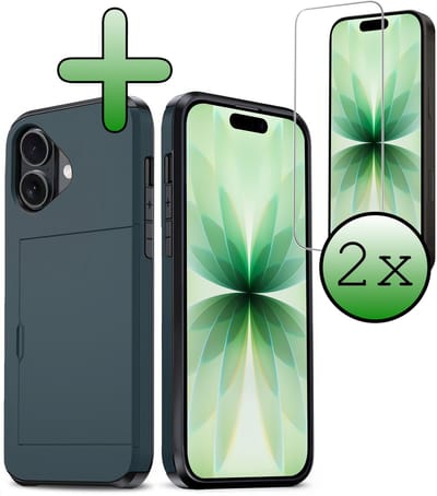 Hoes Geschikt voor iPhone 17 Hoesje Hard Case Met Pas Houder Met 2x Screenprotector - Hoesje Geschikt voor iPhone 17 Hoes Shockproof Hard Cover Met Kaarthouder - Donkerblauw