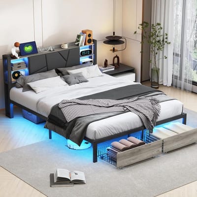 Gestoffeerd Tweepersoonsbed - Opbergbed Lades - Ontspannen Slapen - Met USB Oplaadpoort - 140 x 200 cm - Zwart