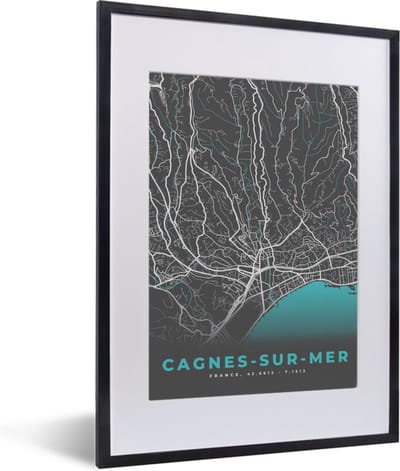Fotolijst incl. Poster - Plattegrond - Kaart - Cagnes-sur-Mer - Stadskaart - Frankrijk - 30x40 cm - Posterlijst