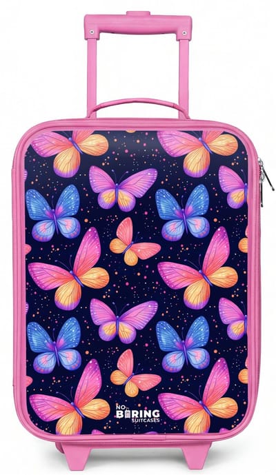 NoBoringSuitcases.com® - Kinderkoffer roze - Kindertrolley meisje - Kleurrijke vlinders in roze en blauw - Koffer kind lichtgewicht - Reiskoffer trolley voor kinderen - Koffertje met lichtgevende wieltjes - Rolkoffer
