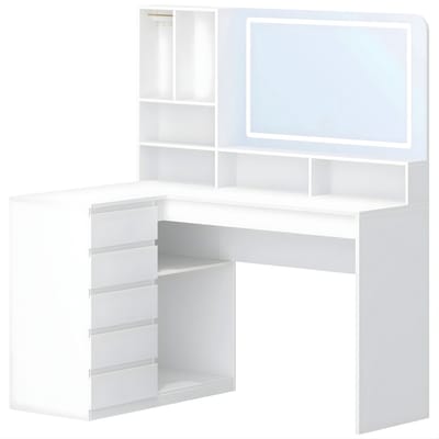 Dressing Table – Voor Slaapkamer – L-Vormige Kaptafel met Grote Spiegel, LED, Lades en Open Compartments – Wit